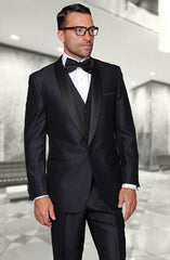 Shiny Indigo ~ Bright Blue One Button Shawl (Black)Collar Three Piece Fashionable Tuxedo For Men