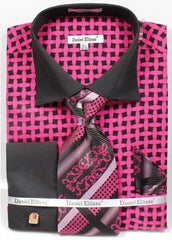 Daniel Ellissa Bright Net Pattern Two Tone French Cuff Black/Fuchsia Big and Tall Sizes Black Collar Two Toned Contrast 18 19 20 21 22 Inch Neck Men's Dress Shirt