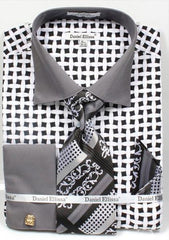 Daniel Ellissa Bright Black/White Net Pattern Two Tone French Cuff  Big and Tall Sizes Black Collar Two Toned Contrast 18 19 20 21 22 Inch Neck Men's Dress Shirt