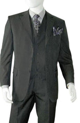 Charcoal Grey Pinstripe ~ Three ~ 3 Buttons Stripe Vested Wool Suit