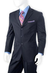 Albeto Nardoni Dark Navy Blue Pinstripe ~ Three Buttons Style suit ~ 3 Buttons Stripe Wool Suit Pleated Pants