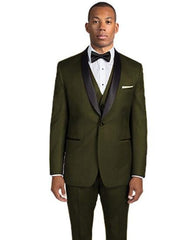 Men's Dark Olive Green 1 Button Shawl Lapel Slim Fit Tuxedo