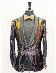 Men'S Slim Fit Gold ~ Black Shawl Lapel Cheap Priced Designer Fashion Dress Casual Blazer On Sale One Button Sequin Shiny Flashy Stage ~ Prom Fancy Blazer