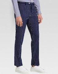 Men’s slacks Dark Navy Blue Ganagster Chalk Striped ~ Pinstripe 1920's Style Flat Front or  Pleated Pants Available In Big And Tall unhemmed unfinished bottom