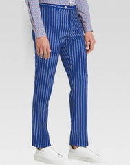 Men’s slacks Royal Blue Ganagster Chalk Striped ~ Pinstripe 1920's Style Flat Front or  Pleated Pants Available In Big And Tall unhemmed unfinished bottom