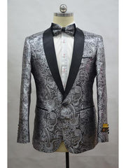 Silver And Black Two Toned Paisley Floral Blazer Tuxedo Dinner Jacket Fashion Sport Coat