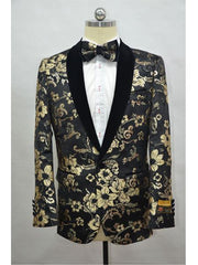 Black And Gold Two Toned Paisley Floral Blazer Tuxedo Dinner Jacket Fashion Sport Coat