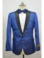 Royal And Black Two Toned Paisley Floral Blazer Tuxedo Dinner Jacket Fashion Sport Coat + Matching Bow Tie