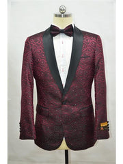 Burgundy  Black Men's Printed Patterned Print Floral Tuxedo Burgundy Tuxedo