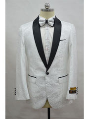 Men'S White ~ Black One Button Suit Burgundy Tuxedo