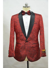 Men'S Red ~ Black One Chest Pocket Four Button Cuff Floral Tuxedo - Red Tuxedo