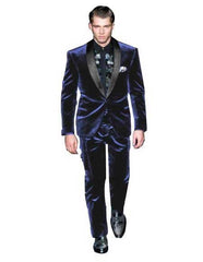 Men's One Button Navy Blue  Velvet Tuxedo Suit