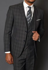 Charcoal Grey Gray Vested Three 3 Piece Windowpane Plaid Pattern Suit - 100% Percent Wool Fabric Suit - Worsted Wool Business Suit