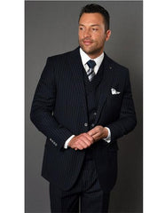 Men's Two Button Striped Pattern Dark Navy Suit