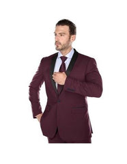 Renoir Suits - Renoir Fashion Mens  shawl Lapel Slim Fit Polyester Suit In Burgundy