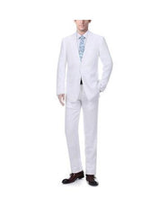 Renoir Suits - Renoir Fashion Mens White Solid Pattern Classic Fit Linen Suit