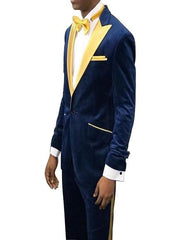 Navy Blue Velvet With Gold Lapel Tuxedo Navy Blue