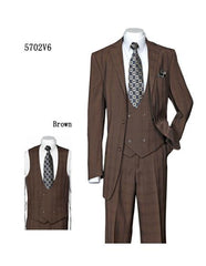 Men's Brown Two Side Vents Plaid ~ Windowpane Vested Suit