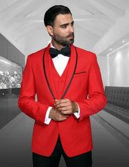 Men's Red Shawl Lapel Besom Pockets Dinner Jacket Prom Wedding