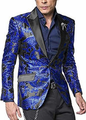 Men's Black/Blue Peak Label Floral Satin Shiny Fashion Blazer