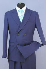 Men'S French Blue 4 Button Double Breasted Suits Slim Fit Suit New With Peak Lapels