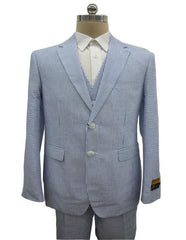 Men's Notch Label Blue Summer Seersucker Fabric Vested 3 Piece Suit