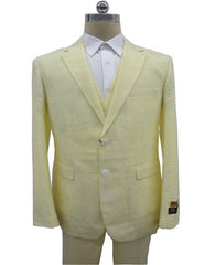 Men's  Notch Label Yellow Colour Summer Seersucker Fabric Vested 3 Piece Suit