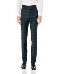 Men'S Tartan Olive Green ~ Blue Pattern Plaid Flat Front Pants