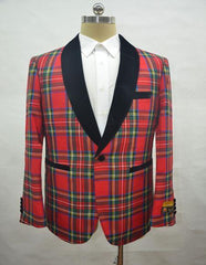 Men's Tartan - Plaid Red Cuff Link One Chest Pocket One Button Shawl Lapel Blazer