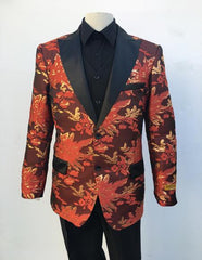 Men'S Red And Gold Floral Pattern Flap Front Pockets Two Button Blazer