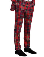 Red Tartan Palid Window Pane Pattern Flat Front Pants Slacks