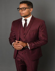 Solid Pattern Vested Tapered Skinny Slim Fit Burgundy Suit