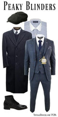 Men'S Gray Three Button Two Flap Front Pockets 3 Piece Peaky Blinders Suit - Peaky Blinders Outfit + Overcoat + Shirt And Hat + Boot (Like Pictured)