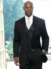 Black Three Button Striped Pinstriped Tuxedo