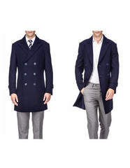 Men'S Double Breasted Navy Front Button Men'S Carcoat - Car Coat Mid Length Three Quarter Length Coat