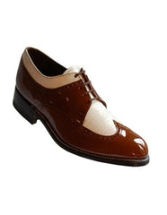 Stacy Baldwin Men's Wide Eee Width Wingtip Two Toned Dress All Leather 1920's Gangster Vintage Style Oxfords Brown and White