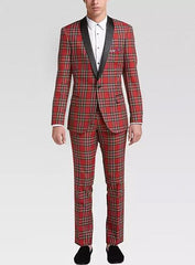 Mens Plaid Suit Tartan Red And Black Pattern Fully Lined One Button Suit For Men