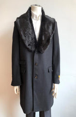 Men'S Black Fur Collar Two Flap Front Pockets Full Length Men'S Carcoat - Car Coat Mid Length Three Quarter Length Coat