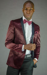 Men'S 2 Button Black And Burgundy ~ Wine ~ Maroon Color Velvet Slim Fit Tuxedo Jacket / Velour Men'S Blazer