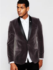 Men's Grey  Gray Velvet Black Lapeled Shawl Collar tuxedo