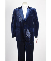 Velour Men's blazer Jacket Men's 2 Button Midnight Blue ~ Navy Velvet Jacket, With Floral Pattern, Satin Peak Lapel, And Black D