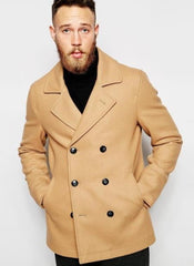 Men's Camel Double Breasted  Wool Fabric Designer Men's Wool Men's Peacoat Sale