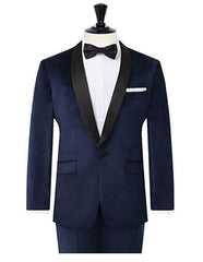 Men's Navy Shawl Lapel Side Vents Velvet Velour Blazer