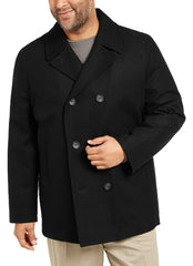 Men's Black Three Button Double Breasted Closure Big And Tall Wool Men's Peacoat