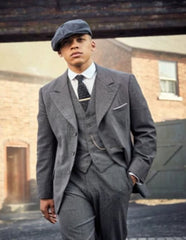 Men's Gray Three Button Peaky Blinders Suit - Peaky Blinders Outfit + Overcoat + Hat (Peaky Blinder Custome)