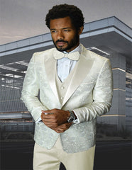 Champagne Suit Ivory Off White Cream Blazer Dinner Jacket Paisley Floral Fabric Fabric Slim Fit With Bowtie