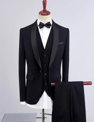 Men's Black One Button Shawl Lapel Three Piece Suit