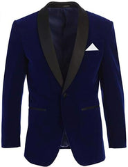 Men's Velvet Tuxedo Blazer Slim Fit Indigo Blue With Black