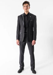 Black Tetron Viscose Peak Lapel Gangster Stripe Tuxedo Suit