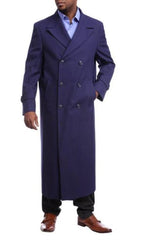 Men's Full Length Overcoat Navy Blue Wool Double Breasted Overcoat